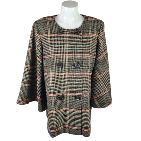 Halogen x Atlantic Pacific Glen Plaid Pea Coat Bell Sleeve Tan/Black Size Medium - Picture 2 of 15